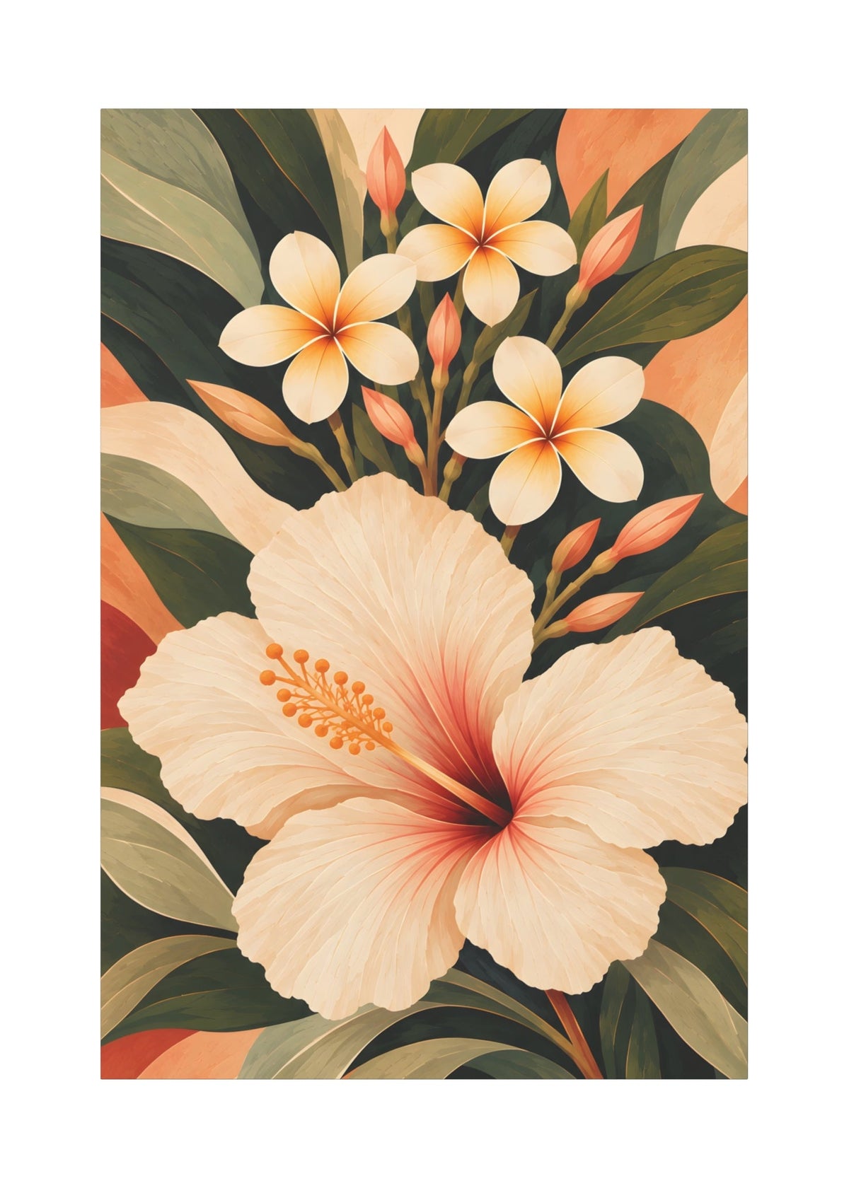 A vertical art print featuring a tropical floral design with a large cream hibiscus flower in the foreground, three smaller white plumeria-like blossoms, and green leaves against a warm peach and beige background.