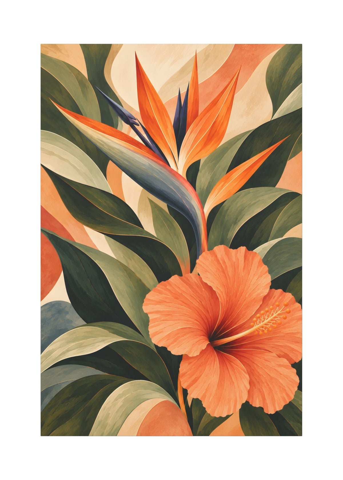 A vertical art print featuring a stylized tropical floral design with a large orange hibiscus flower and an orange bird of paradise flower surrounded by layered green and beige leaves, shown against a plain white background.