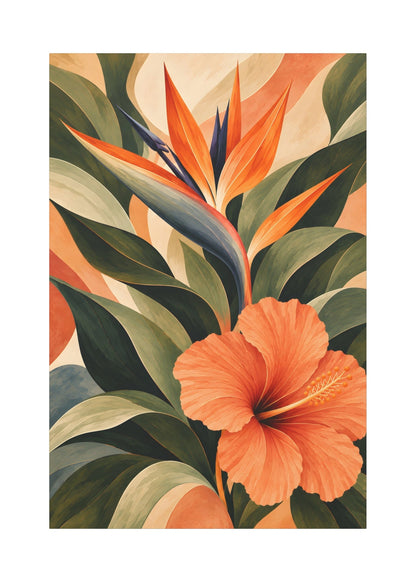 A vertical art print featuring a stylized tropical floral design with a large orange hibiscus flower and an orange bird of paradise flower surrounded by layered green and beige leaves, shown against a plain white background.