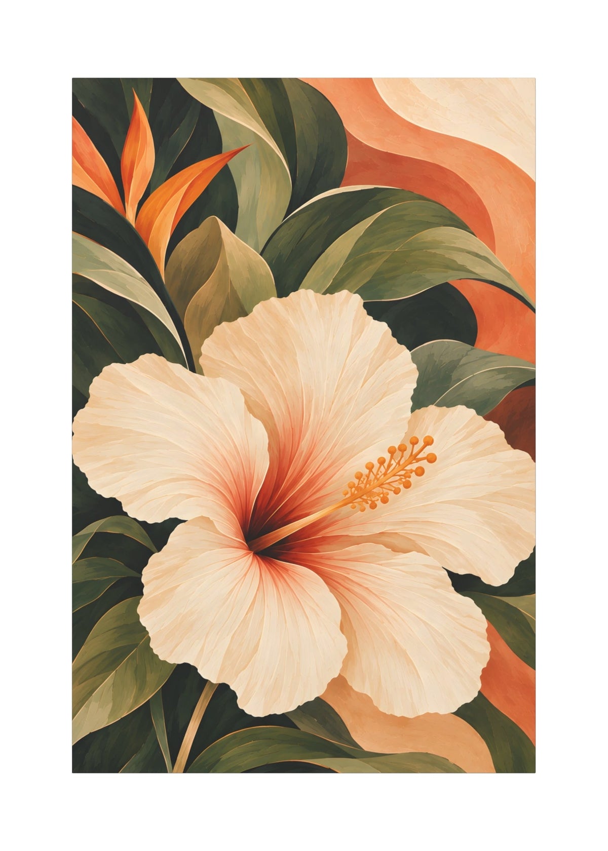 A vertical art print featuring a large cream-colored hibiscus flower with orange-red center details, surrounded by dark green tropical leaves and a warm orange background, shown centered on a white canvas.