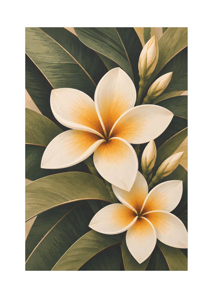 A vertical botanical art print featuring two large cream plumeria flowers with yellow-orange centers, surrounded by dark green tropical leaves on a light beige background.