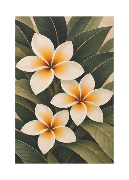 A vertical floral artwork featuring three plumeria-style flowers with cream petals and warm orange centers, surrounded by layered dark green leaves on a light beige background.