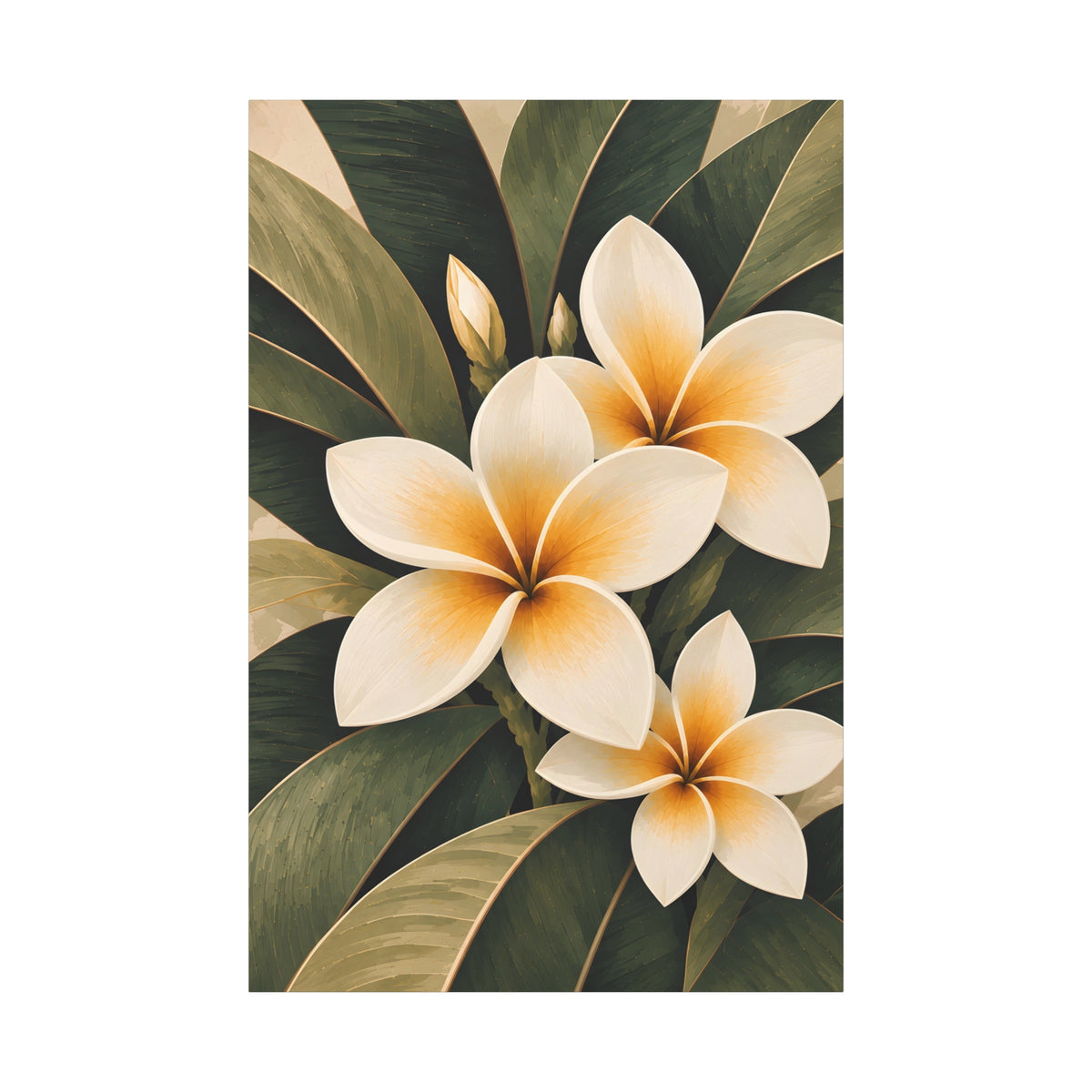 A vertical art print depicting three plumeria flowers with cream and orange-yellow petals surrounded by dark green tropical leaves, centered on a white background.