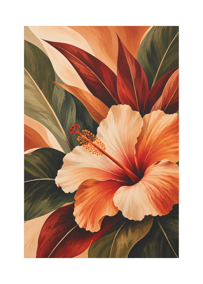 A vertical art print featuring a close-up tropical floral illustration of a hibiscus flower with cream, orange, and red petals, surrounded by dark green and burgundy leaves on a white background.