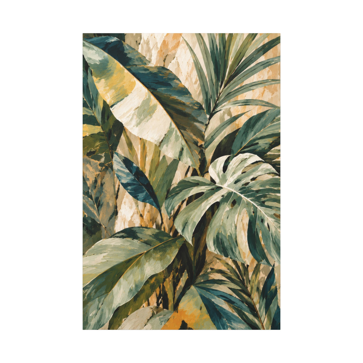 A vertical art print featuring a painted tropical foliage scene with large green palm and monstera leaves over a warm beige and gold textured background, centered on a white backdrop.