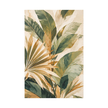 A vertical art print featuring a tropical botanical pattern with large green and beige palm leaves on a cream background.