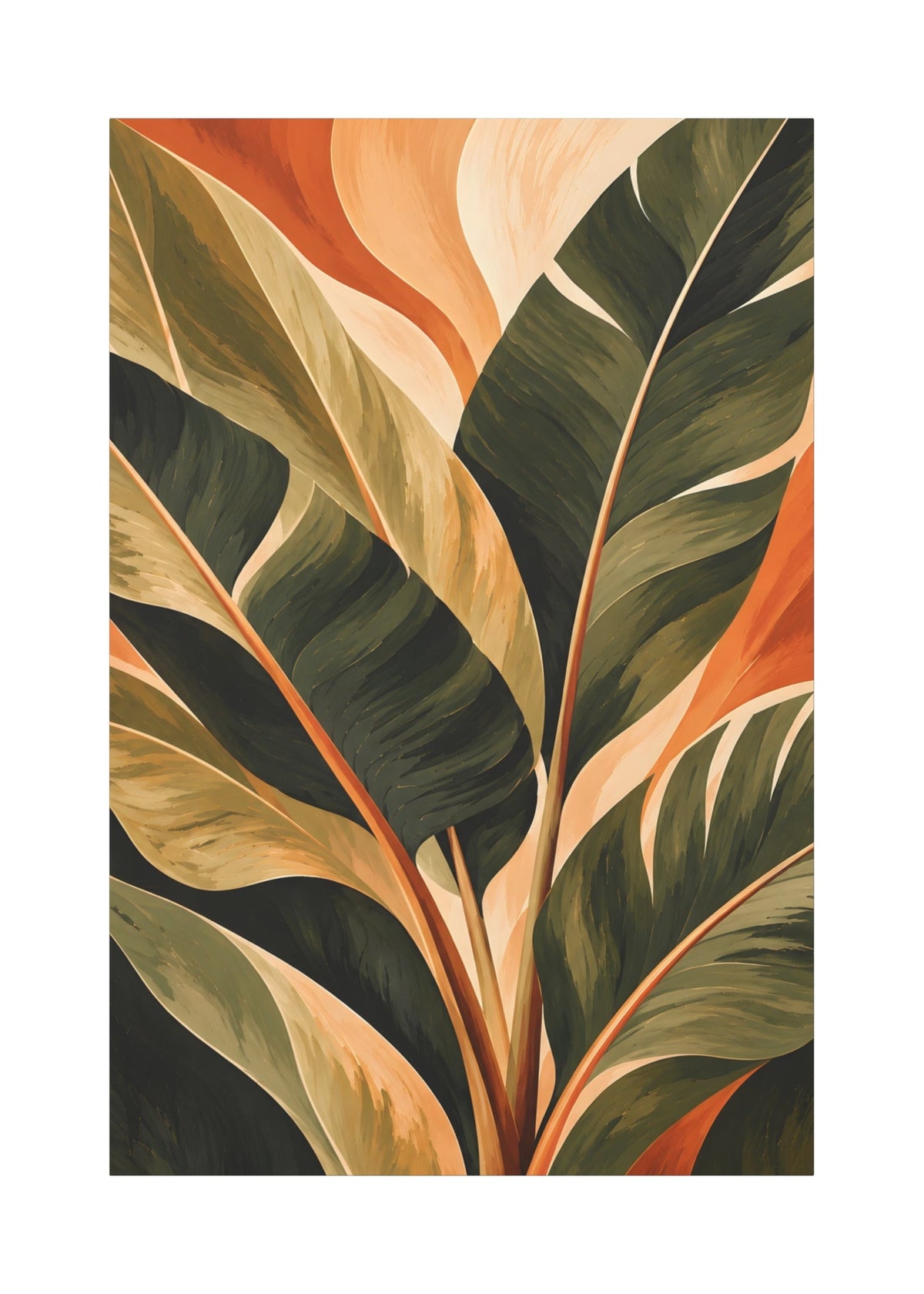 A vertical rectangular art print featuring a stylized tropical leaf design with large dark green and beige leaves against warm orange and cream background shapes, shown centered on a white backdrop.