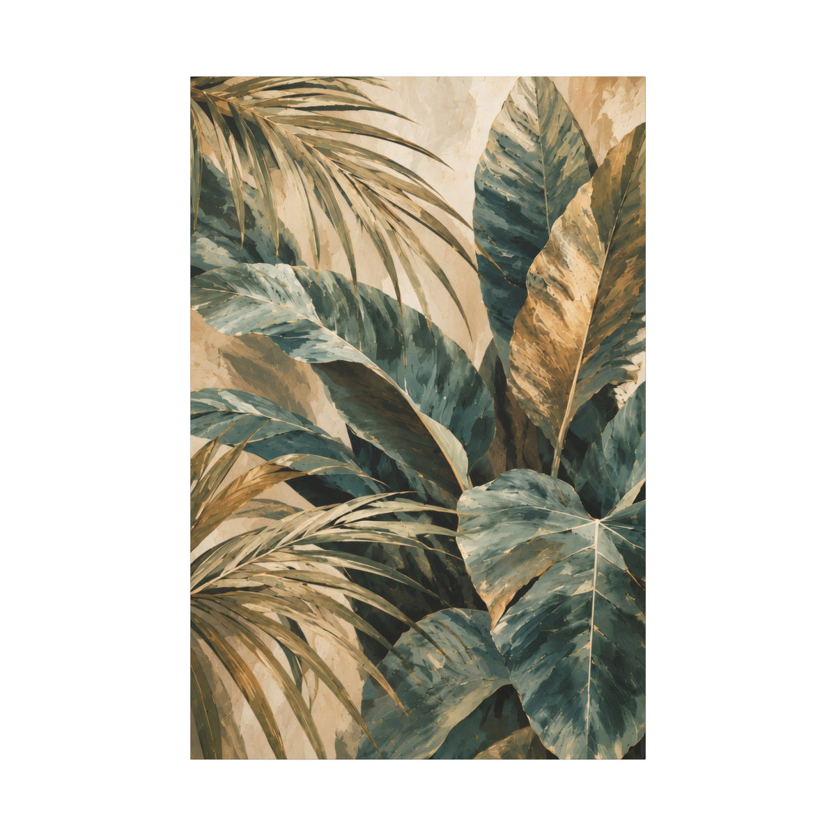 A vertical art print featuring a tropical palm and monstera leaf pattern in muted teal, olive, and beige tones, centered on a white background.