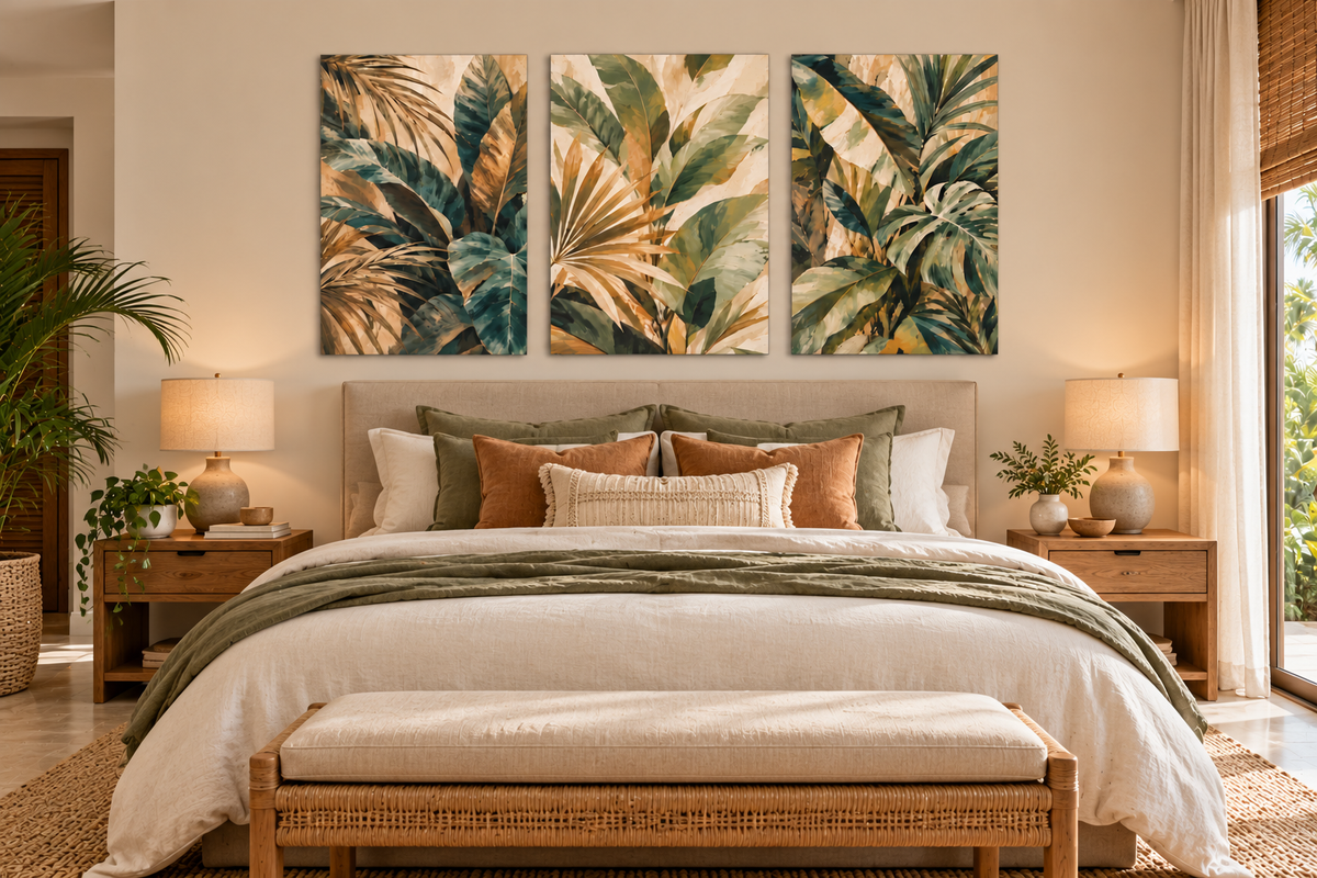 A styled bedroom featuring a three-panel canvas wall art set with a tropical palm leaf pattern in green, beige, and gold tones, hung above a neatly made bed.