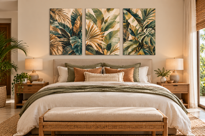 A styled bedroom featuring a three-panel canvas wall art set with a tropical palm leaf pattern in green, beige, and gold tones, hung above a neatly made bed.