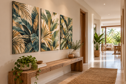 Three vertical canvas wall art panels with a tropical palm leaf pattern in teal, green, beige, and brown tones, displayed on a beige wall above a rustic wooden bench in a bright modern hallway.