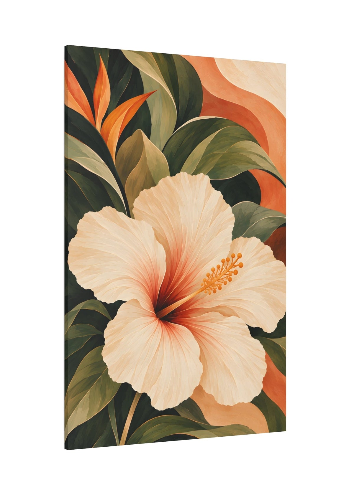 A vertical canvas wall art print featuring a large cream-colored hibiscus flower with green leaves and warm orange accents, shown at a slight angle against a plain white background.