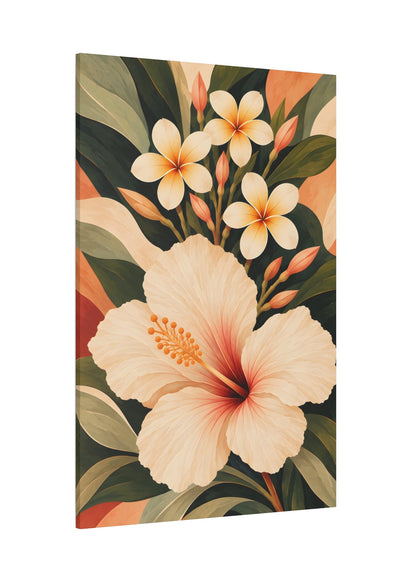 A vertical canvas wall art print featuring a tropical floral design with a large cream hibiscus flower, smaller white plumeria blossoms, and green leaves on a warm beige and rust background, shown at a slight angle against a plain white backdrop.