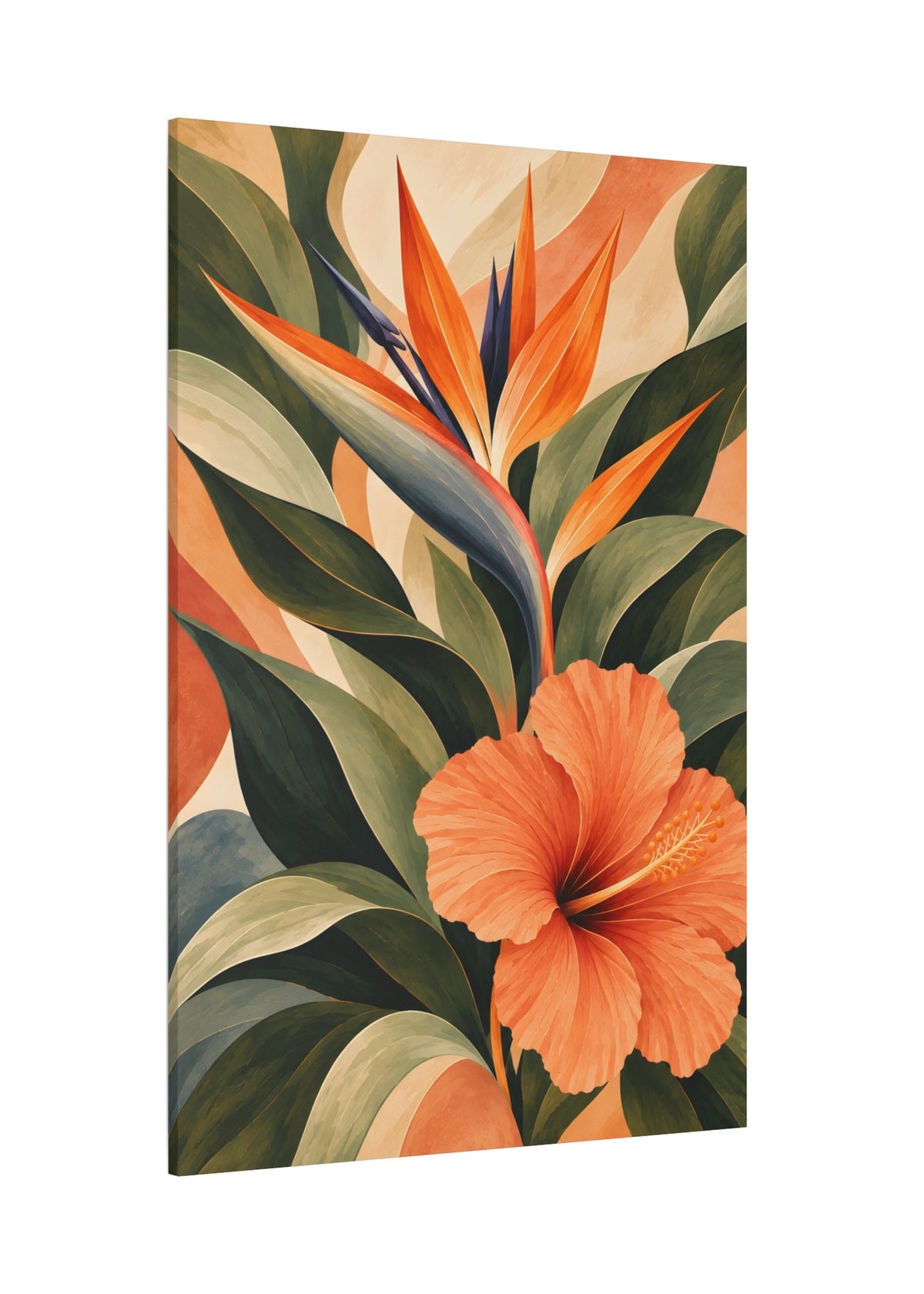 A vertical canvas wall art print featuring a stylized tropical floral design with an orange hibiscus flower and bird of paradise blossoms among layered green and peach leaves, shown at a slight angle on a white background.