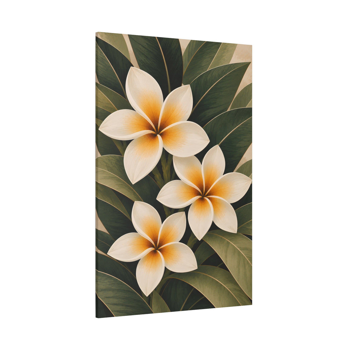 A vertical canvas wall art print featuring three plumeria flowers with cream petals and orange centers, surrounded by dark green tropical leaves, shown against a plain white background.