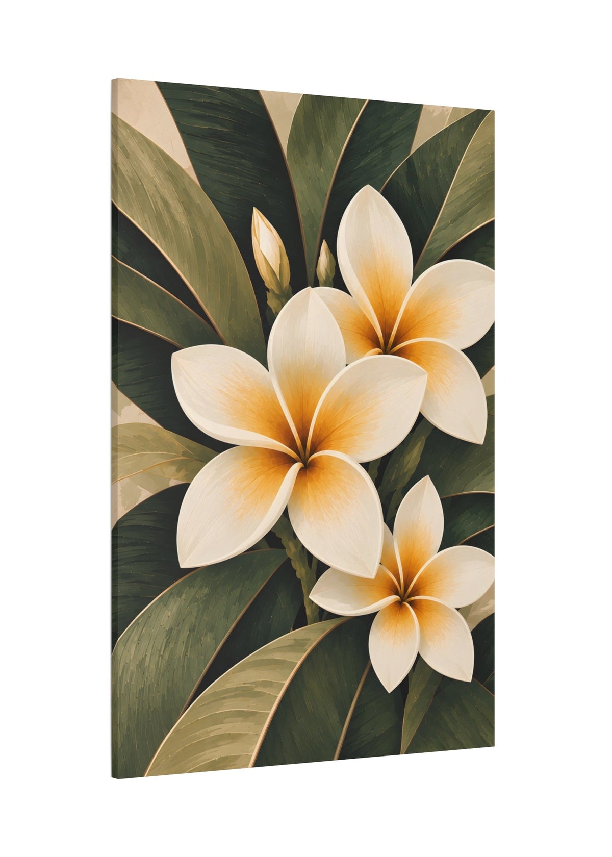 A vertical canvas wall art print featuring three white plumeria flowers with soft orange centers and dark green tropical leaves, shown at a slight angle against a plain white background.
