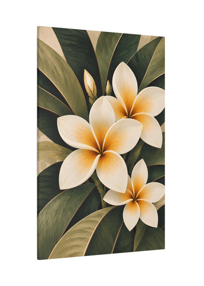 A vertical canvas wall art print featuring three white plumeria flowers with soft orange centers and dark green tropical leaves, shown at a slight angle against a plain white background.