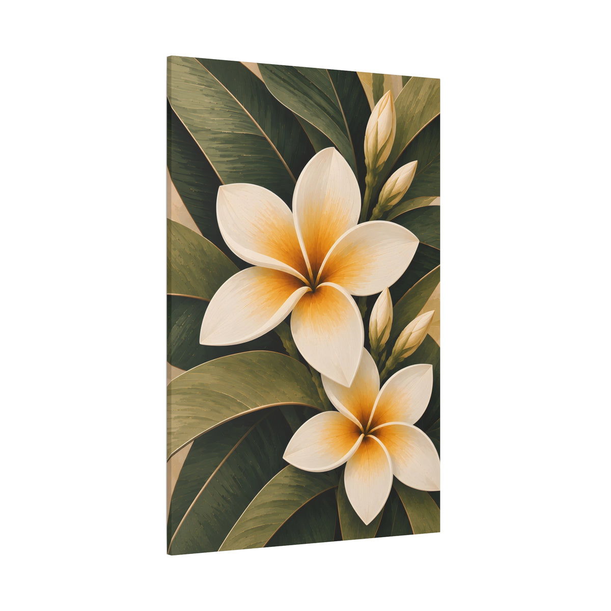 A vertical canvas wall art print featuring two large cream plumeria flowers with yellow-orange centers surrounded by dark green tropical leaves, shown at a slight angle on a plain white background.