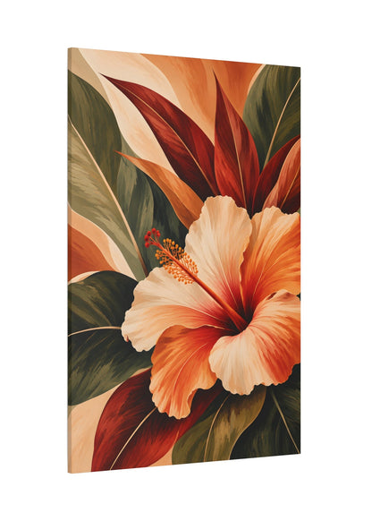 A vertical canvas wall art print featuring a tropical hibiscus flower with cream, orange, and red petals surrounded by dark green and rust-colored leaves, shown at a slight angle on a white background.