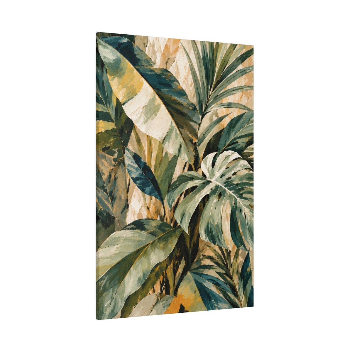Vertical canvas wall art featuring a painted tropical leaf pattern in shades of green, beige, and muted orange, shown at a slight angle on a white background.