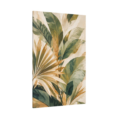 Vertical canvas wall art featuring a botanical print of tropical leaves in shades of green, beige, and muted gold on a cream background, shown at a slight angle against a white backdrop.