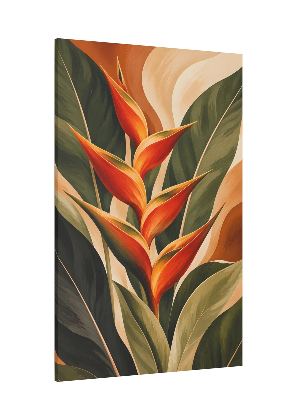 A vertical canvas wall art print featuring a stylized tropical flower with orange-red blooms and large green leaves, shown at a slight angle against a plain white background.