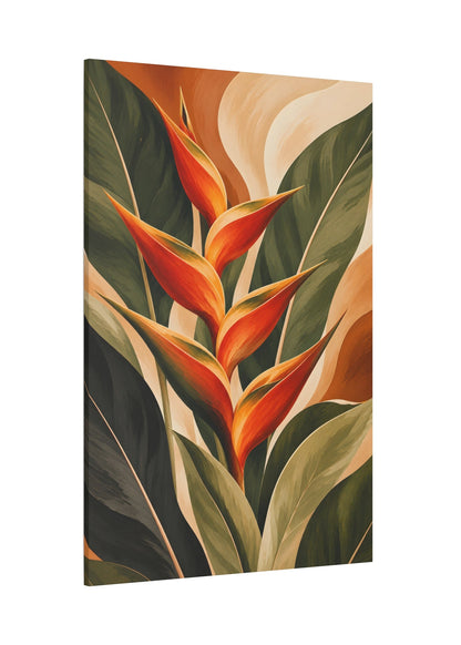 A vertical canvas wall art print featuring a stylized tropical flower with orange-red blooms and large green leaves, shown at a slight angle against a plain white background.