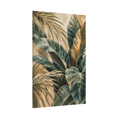 Vertical canvas wall art featuring a tropical palm and monstera leaf pattern in muted teal, sage, and warm beige tones, shown at a slight angle against a plain white background.