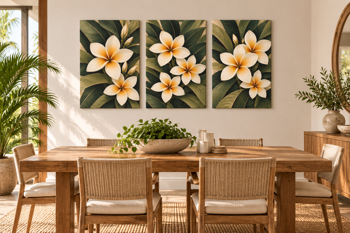 Three-panel wall art featuring large white plumeria flowers with yellow centers and dark green tropical leaves, displayed above a wooden dining table in a bright, modern dining room.