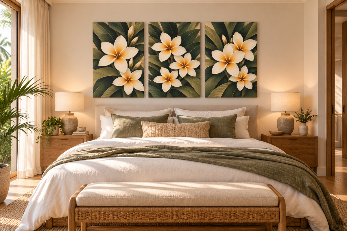 A three-panel canvas wall art set featuring large white plumeria flowers with yellow centers and dark green leaves, displayed above a neatly made bed in a warm, modern bedroom.
