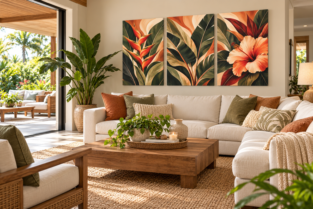 A three-panel tropical wall art set hangs above a white sectional sofa in a bright, modern living room. The artwork features large green tropical leaves and vivid orange-red flowers, including a hibiscus blossom on the right panel.
