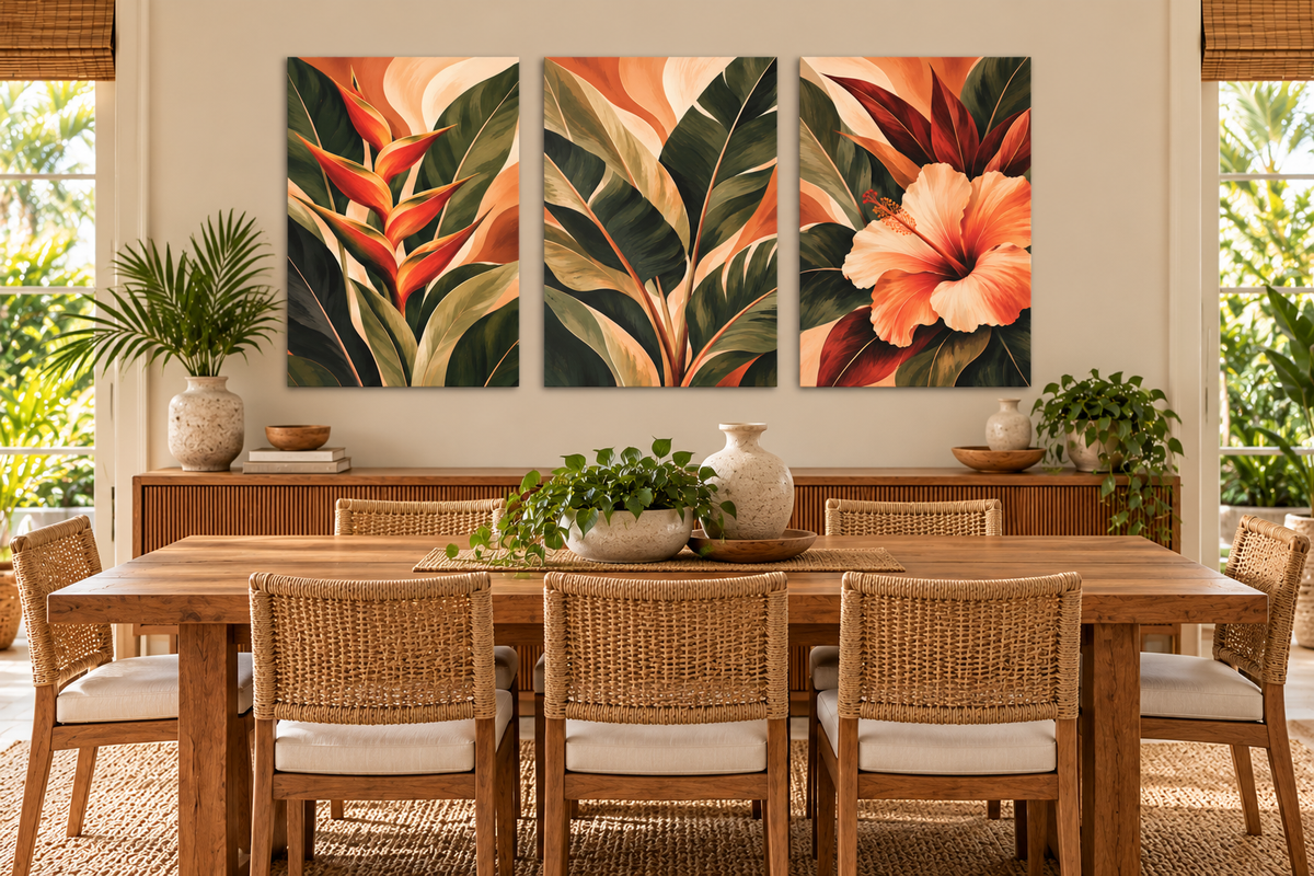 A three-panel canvas wall art set featuring a tropical floral and leaf design in warm orange, peach, green, and cream tones, displayed above a wooden dining table in a styled dining room.