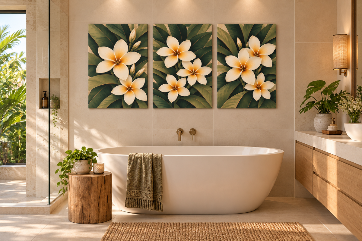 A three-panel canvas wall art set featuring white plumeria flowers and green leaves, displayed above a freestanding bathtub in a modern, sunlit bathroom.