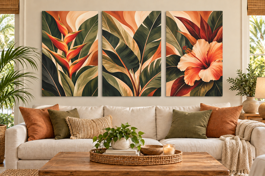 A three-panel canvas wall art set featuring a tropical floral and leaf design in warm orange, red, green, and cream tones, displayed above a beige sofa in a styled living room.