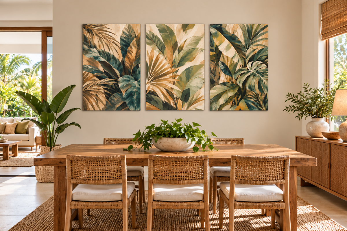 Three vertical canvas prints featuring a tropical palm leaf pattern in shades of green, beige, and gold, displayed on a beige wall above a wooden dining table and chairs in a modern, sunlit dining room.