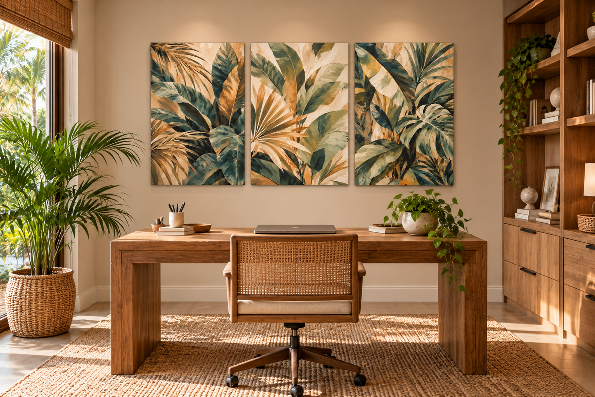 A three-panel tropical leaf wall art set hangs above a wooden desk in a warm, modern home office. The artwork features large palm and banana leaves in shades of green, teal, and gold.