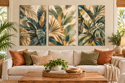 A three-panel canvas wall art set featuring a tropical palm leaf pattern in shades of green, beige, and gold, displayed above a light beige sofa in a styled living room.