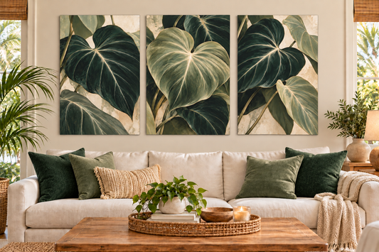 A three-panel canvas wall art set featuring large green tropical leaves on a cream background, displayed above a white sofa in a styled living room.
