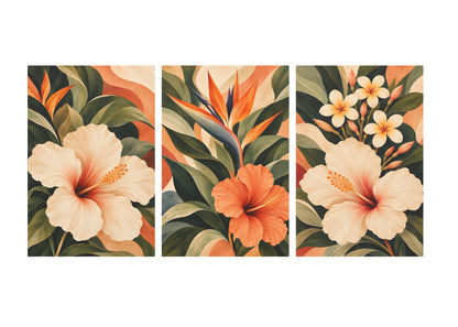 A three-panel tropical floral wall art set featuring large cream hibiscus flowers, orange bird of paradise blossoms, and green leaves on a warm beige background.