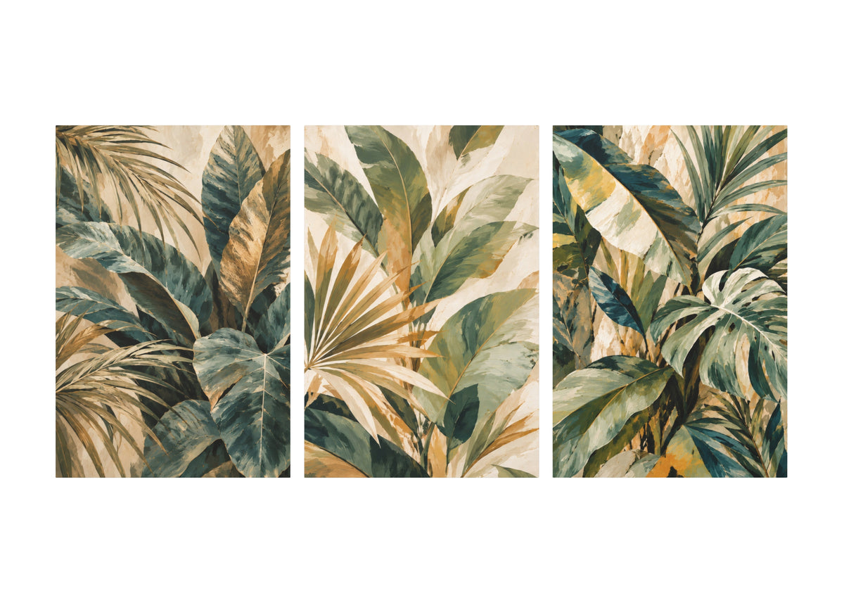 A three-panel wall art set featuring a tropical leaf pattern in muted green, beige, and brown tones, displayed against a plain white background.