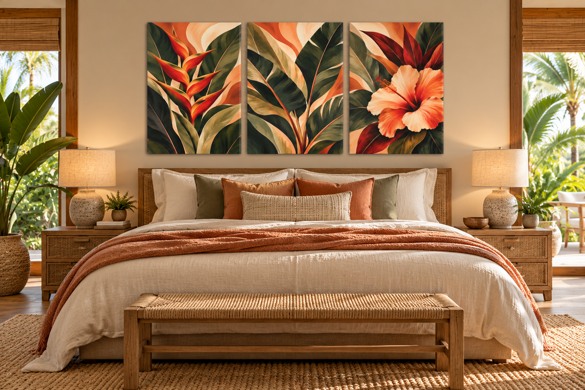 A three-panel canvas wall art set featuring a tropical floral and leaf design in warm orange, red, green, and cream tones, displayed above a neatly made bed in a styled bedroom setting.