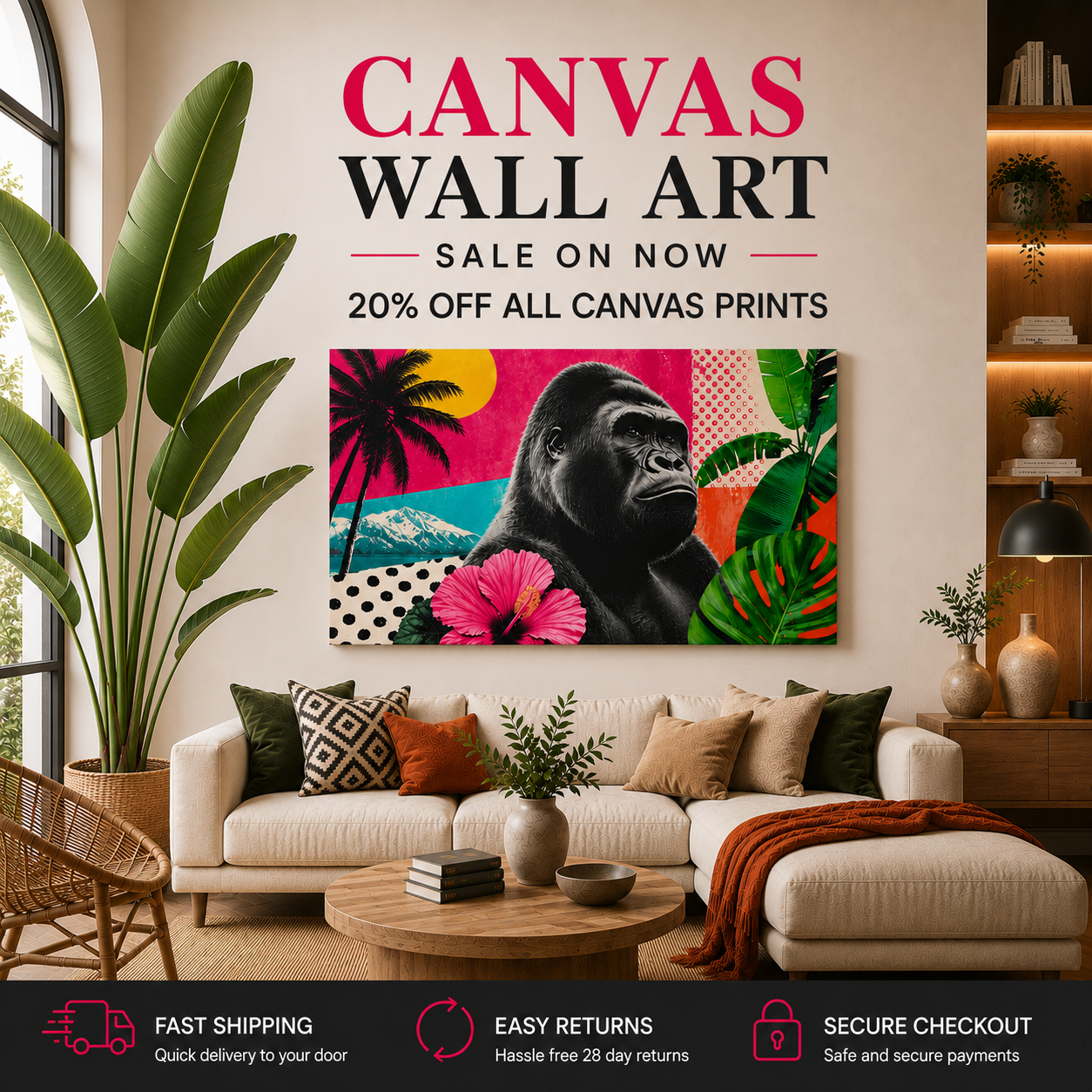 Living room with a colorful gorilla canvas print on the wall, promotional text for canvas wall art sale.