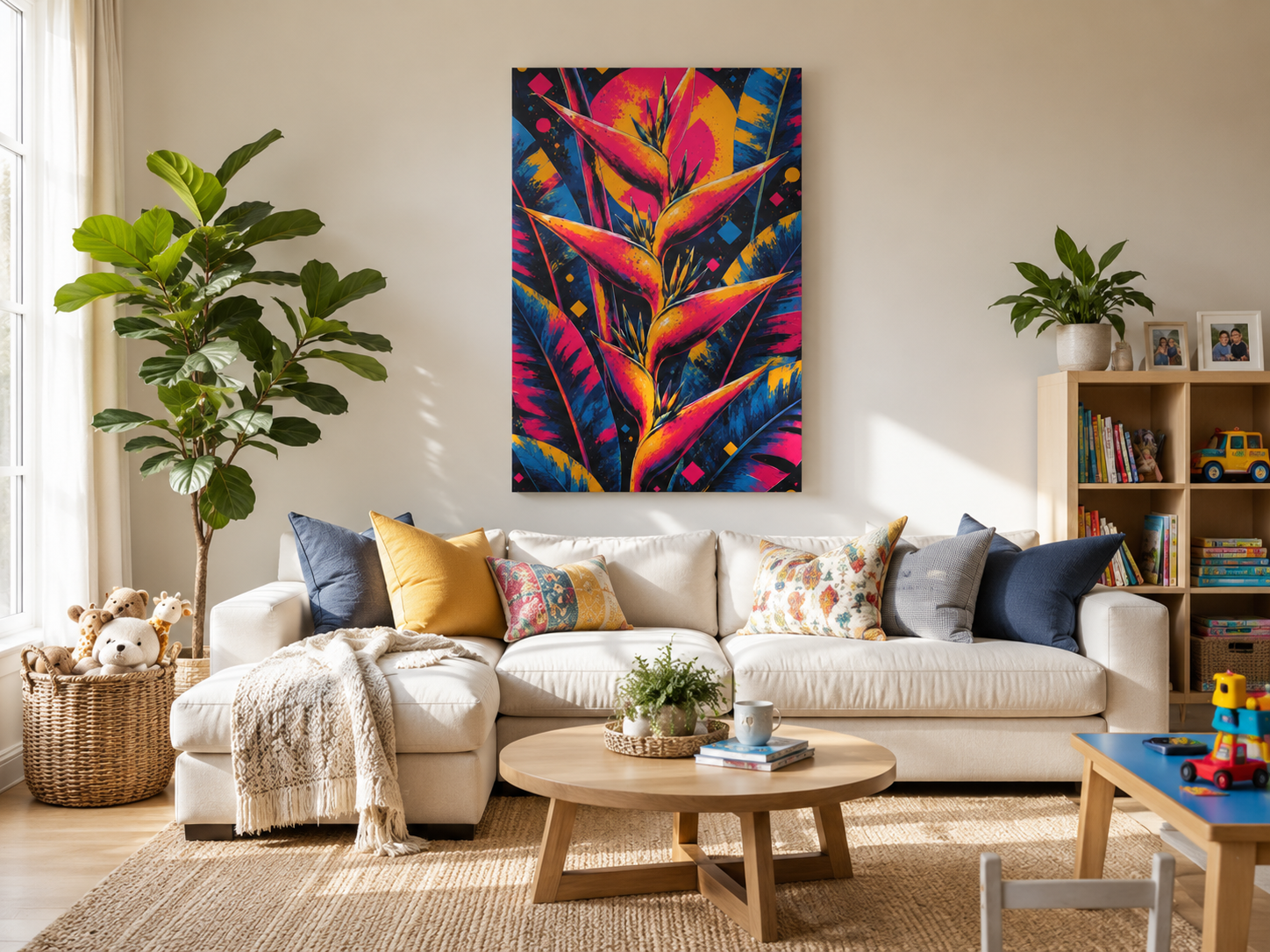 Living room with a colorful abstract painting on the wall, a white sofa with colorful cushions, and a wooden coffee table.