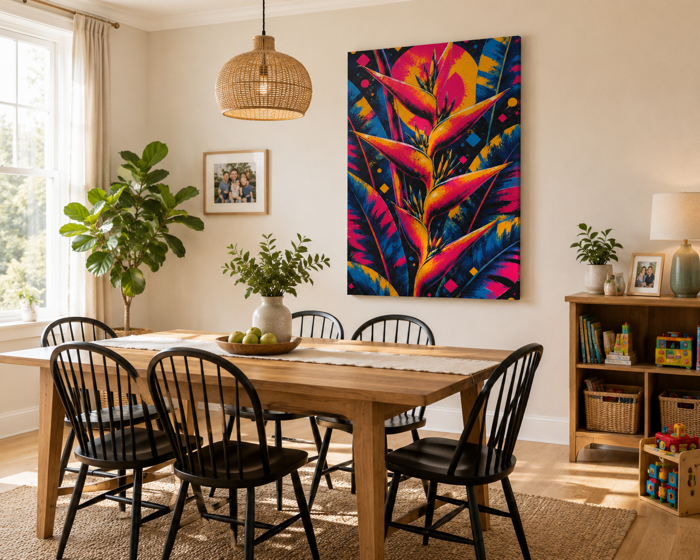 Dining room with wooden table, black chairs, colorful abstract painting, and plants.