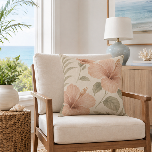 Chair with floral pillow in a room with a lamp and plants