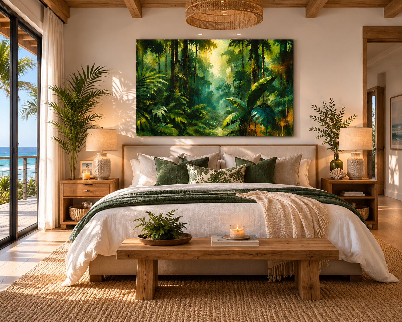 Modern bedroom with a large bed, artwork, and decorative elements.
