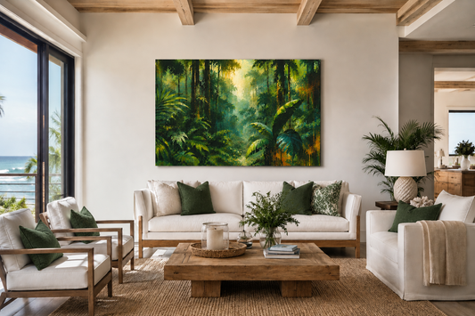 Living room with white sofas, wooden coffee table, and a large forest painting on the wall.