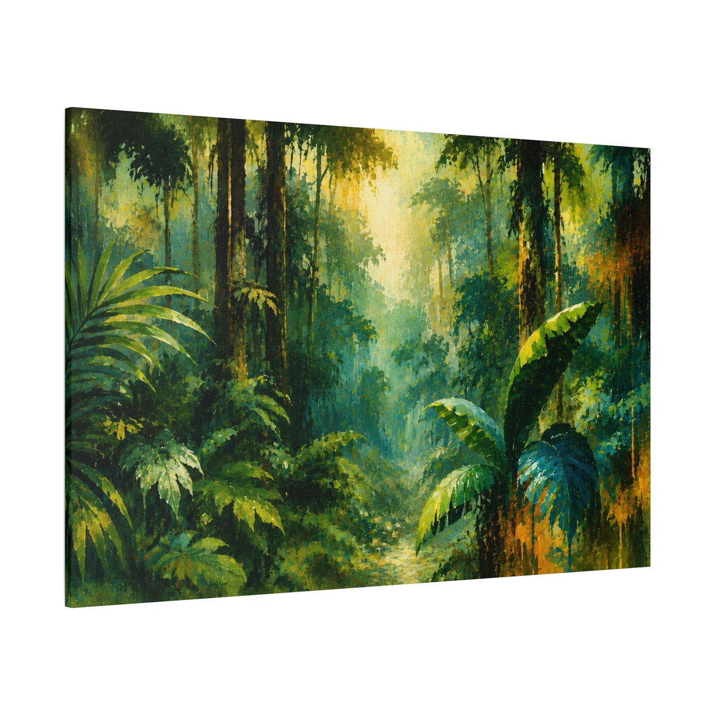 Canvas print of a lush green forest with sunlight filtering through the trees.