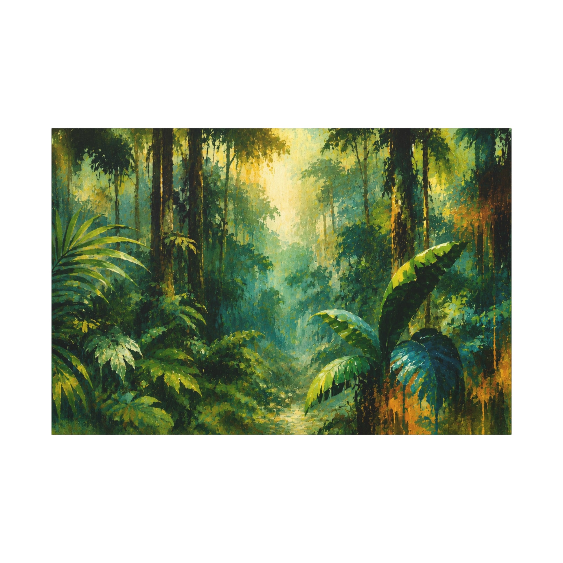 Tropical rainforest scene with dense foliage and sunlight filtering through the trees.