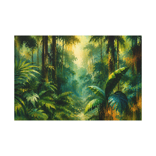 Tropical rainforest scene with dense foliage and sunlight filtering through the trees.